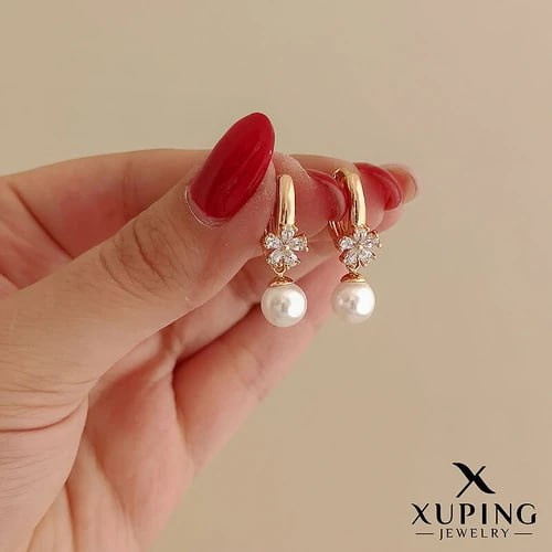 گوشواره حلقه ای مروارید آویز نگین دار برند ژوپینگ